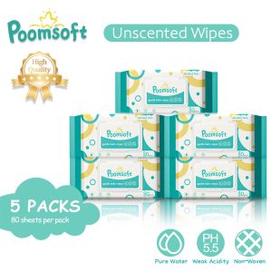 POOMSOFT 5 Packs Baby Wipes Wet 80 Pcs/Pack Alcohol-Free Unscented Baby Wipes Wet Tissue Wipes Baby