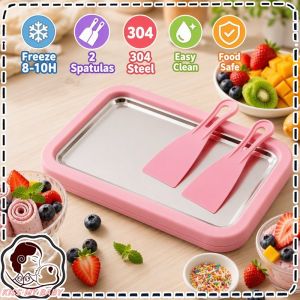 Ice Cream Roll Maker Pan DIY Frozen Yogurt Sorbet Tray No Electric 304 Steel With 2 Spatulas