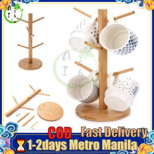 【Fast Delivery】6hooks Bamboo Mug Holder Coffee Tea Cup Bamboo Mug Stand Storage Wood Shelf Kitchen Storage Rack