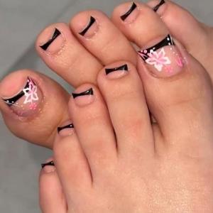Short Square Fake Toenails Flower Press on Toe Nail Acrylic False Toes Nail Artificial Toenails Full Cover Toenails