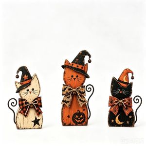 ERMENLED Wooden Halloween Cat Figurine Desktop Decoration Bow Tie Design Black Cat Statue Festiven Hand-Painted Finish Witch Cat Decor Farmhouse Mantel Decor