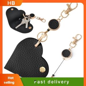 HB Heart-Shaped Retractable Keychain With PU Leather Strap & Golden-Tone Alloy Clip