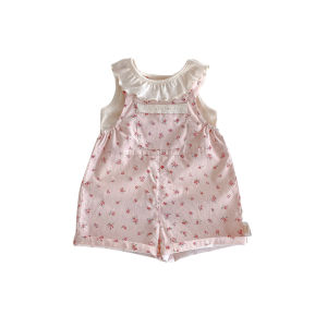 2025 New Summer Baby Girl Korean Style Clothes Breathable Cotton Ruffled Doll Collar Vest & Floral Overalls2026