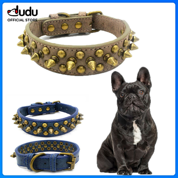 DUDU Pet French Bulldog Pitbull Dogs Collar Retro Golden Rivet Studded  Leather Pet Collar for Small Medium Large Dogs Spiked Neck Strap