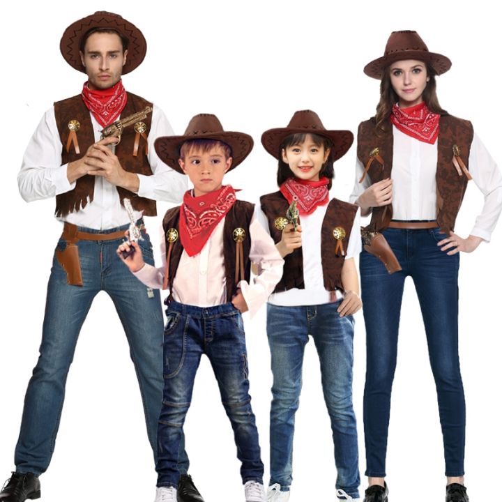 Happy hour}2022 Children Adult Cowboy Cosplay Costumes Halloween Party  Masquerade Boy Woman Wild West Fancy Cowgirl Vest Cap Scarf Outfits