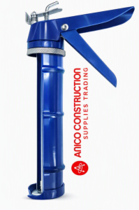 Blue Caulking Gun for Construction Supplies Trading. Key attributes: blue color metal nozzle ergonomic handle cylindrical body brand logo. Fit/use: for applying sealants. Scene: construction site.