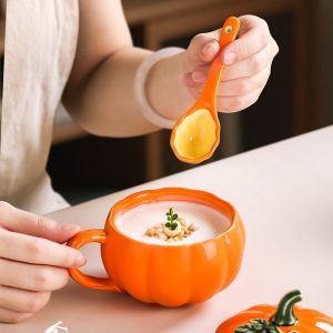 HUNIU with Spoon and Lid Halloween Cartoon Pumpkin Mug Under-glaze Painting Ceramic Drinking Cup Cute Heat-resistant Breakfast Oatmeal Cup Pudding