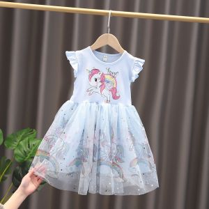Uniqkids Summer girls Unicorn dress Girls pompadour short sleeve Casual Mesh princess dress