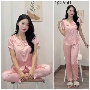 Quần áo nữ mặc nhà Đồ bộ nữ thiết kế cổ sen kép(có video) bộ mặc nhà vải satin mềm óng nhẹ mát 4 size(38-63kg)