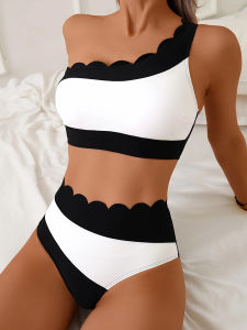 2025 New one-shoulder two-piece swimsuit with color-blocking tank top style for women