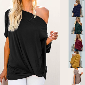 Womens Short Batwing Sleeve Cold Shoulder Irregular Shirt Blouse Elegant Twist Knot Front Asymmetrical Loose Plain Top