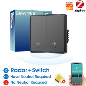 SMATRUL Tuya No Neutral Zigbee Smart Home Radar Induction Motion Sensor EU Wall Light Push Button Switch 110-250v Single Live Wire No Capacitor Required With Timing App For Corrido