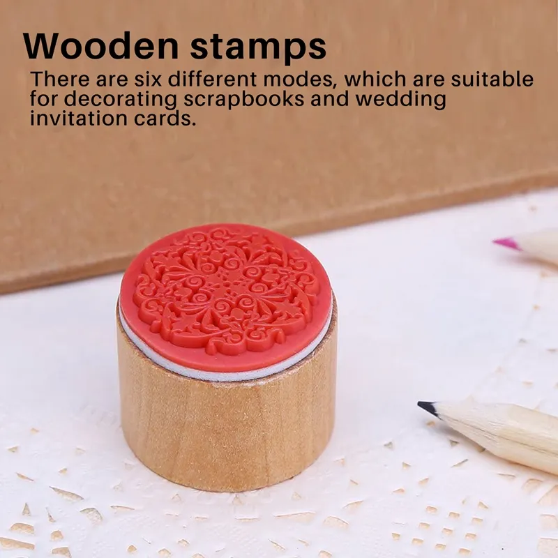 6 Assorted Wooden Rubber Stamp Round Handwriting Floral Flower Craft