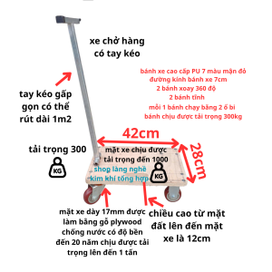 Xe Đẩy Hàng Gấp Gọn Xe Tay kéo 4 Bánh Tải Trọng Lớn 300KG-500KG Mặt Gỗ Teak plywood Chống Nước Siêu Bền