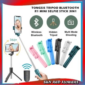Tripod Bluetooth Multifungsi R1S 3IN1 - Monopod Selfie Stick dengan Remote dan Lampu LED - Warna Neon