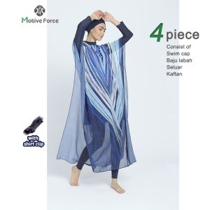 Motive Force Baju Renang Muslimah Long Sleeve Muslimah Swimsuit Lake Blue Twill Printed Muslim Swimwear Female Four-Piece Set Beach Wear Women