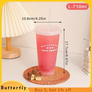 Butterfly ขวดน้ำน่ารักสำหรับกาแฟน้ำผลไม้นมชาถ้วยเย็นพลาสติกน่ารักพร้อมฝาหลอดแบบพกพาใช้ซ้ำได้ขวดน้ำดื่มปราศจากสาร BPA