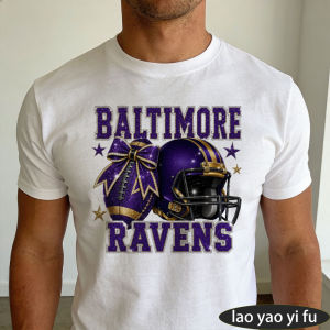 [Local Stock] HBESTY  Baltimore Ravens Purple Glitter Football Helmet Bow Graphic Men Summer Cotton T Shirt Football Team Fan Short Sleeve Apparel