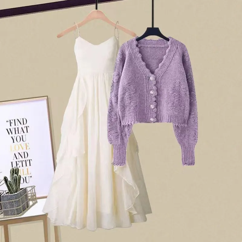 2PCS Cardigan dress plus size womens spring set of womens new