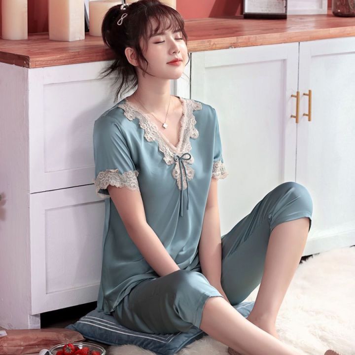 Summer Pajamas Soft Silk Satin Sleepwear Woman Elegant Short