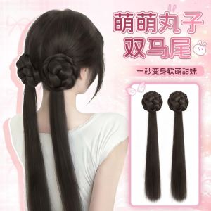 OMQAIO 2pcs Tổng hợp Tóc nối kiểu búi tết đuôi ngựa Kẹp tóc 18 inch Tóc giả thẳng dài Thời trang Tự nhiên Tóc giả đuôi ngựa đôi dành cho phụ nữ