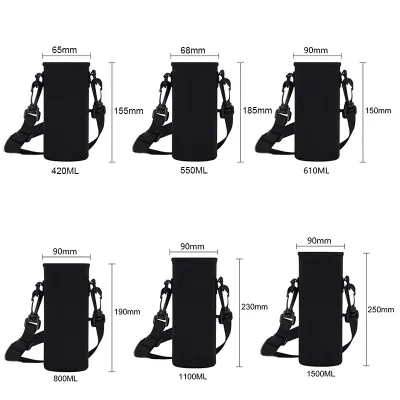420ml-1500ml Water Bottle Holder Insulated Bag with Travel Strap Black Insulated Bottle Carrier Bag