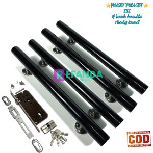 Set lengkap kunci pintu rumah dengan 4 gagang tarikan dan 1 badan kunci model kupu tarung untuk daun pintu.
