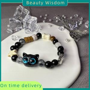 Beauty Wisdom Cute Black Cat Beaded Bracelet For Women Men Black White Beads Cartoon Animal Couple Bracelet Trendy Jewelry Lovers Gift