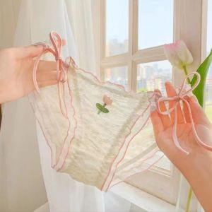 GOOTRADES Embroidery Tulip Lace Bow Underwear Solid Color Cotton Crotch Low-Waist Panties Sweet Japanese Women Briefs Girl