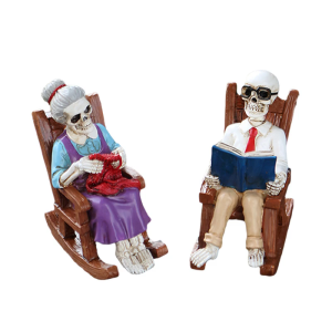 รูปปั้นคู่รักโครงกระดูกแนววินเทจพร้อมกล่องเก็บและแสดงเครื่องประดับชั้นหนังสือและเปิดหนังสือและการออกแบบเก้าอี้โยกฮาโลวีน