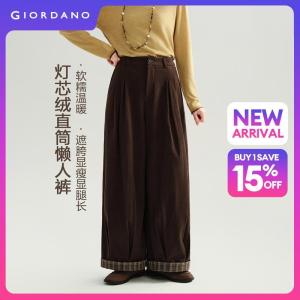 Giordano Women Plaid cuffed high waist corduroy lantern pants Free Shipping 18416110
