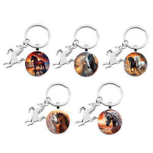 [fenggongshuode] Animal Running Horse Keychain Exquisite Steed Pattern Glass Cabochon Keychain Mens Charm Keyring Gift