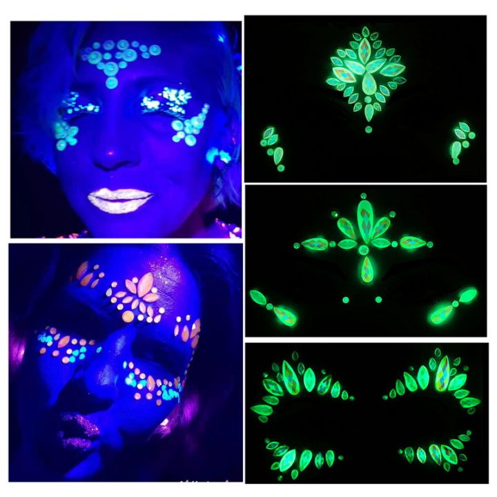 Women Luminous Mermaid Face Gems Glitter Glow In The Dark Rhinestone Rave Face Jewels Festival 