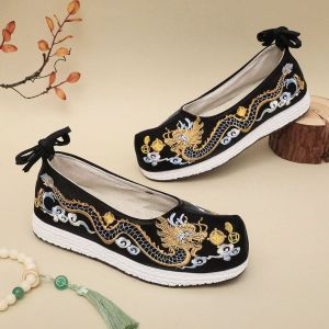 ZEEMIN Men Flat Sole Embroidered Canvas Shoes Ethnic Style Cocked Shoes Toe Shallow Ankle Strap Hanfu Shoes Light Breathable Cloth Shoe