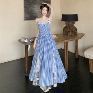 Muuv-It Sweet Plaid Long Dress Beach Style Women Elegant Lace Patchwork Korean Dress Fashion Slim Female Camis Vestidos
