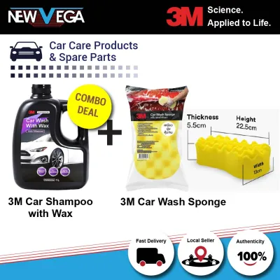 3M Premium Car Wash & Wax Shampoo PN39000W (1L) + Universal Foam Sponge Scratch-Free Cleaning Combo