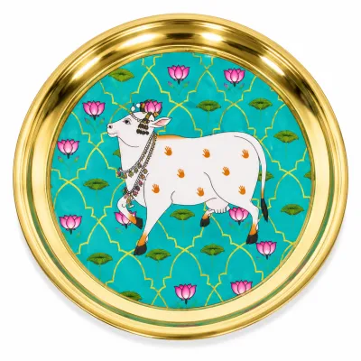 Pichwai Printed Brass Pooja Thali Plate | Decorative Brass Puja Plate for Aarti Temple Diwali & Festive Gifting (Size - 7.5 inches | Pack of 1 pc)