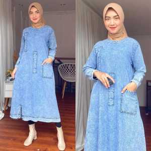 MIDI DRESS JEANS LIGHT SNOW / PAKAIAN WANITA ELEGAN / MIDI DRESS JEANS SNOW SIZE S M L XL XXL MODEL TERBARU  / BUSANA MUSLIM / LONG TUNIK TREND MASA KINI / BRISKA MIDI DRESS