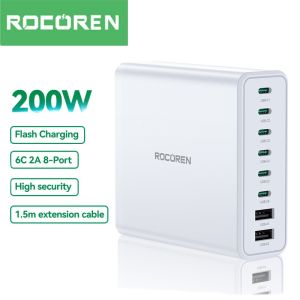 Rocoren 200W USB C Desktop Charger 8 Ports GaN PD Fast Charger USB Charging Station Laptop Power Adapter