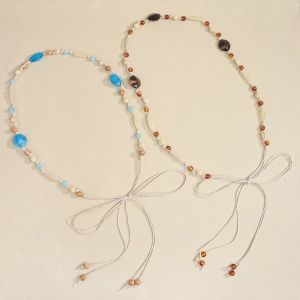 LUMINOU Bohemian Braided Beads Belt Adjustable 170cm Knotted Long Belts Elegant Dopamine Style Ethnic Style Belts for Women