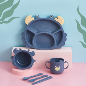 VREN 6Pcs/Set Baby Tableware Bowl + Cup + Dinner Plate + Spoon + Fork + Chopsticks Cute Cartoon Split Plate No BPA Kids Anti-hot Utensils