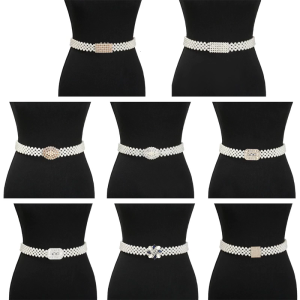 Women Elastic Waist Chain With Artificial Pearls And Crystals Adjustable Stretch Belt Accessory For Dresses And Parties