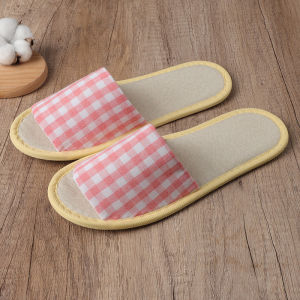 Home Guest Checkered Open-Toe Non-Slip Slippers Hotel Slippers Travel Portable Summer Linen Slippers