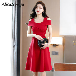 (Cle)Alisa.Sonya Off Shoulder Bridemaid Dresses for Womens Vintage A-Line Swing Dress for Wedding Guest knee Length Spaghetti Strap Formal Dress