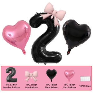 【Happy Time Combine Set】32inch Black Number Balloon with Pink Bow Foil Lobo Globos Set 1-9 for Girl Princess 18th Birthday Debut Wedding Party Decoration