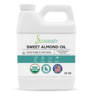 Soapeauty Sweet Almond Oil Cold Pressed Refined USDA Organic    100% Pure & Natural Available in Bulk    Carrier for Essential Oils Massage Skin Face and Hair Soap Making DIY    32 fl oz