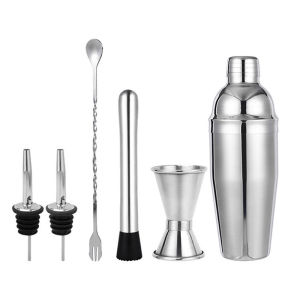 6PCS Stainless Steel Bartender Kit - Durable Portable Bar Tools for Home Travel Cocktails with Shaker Spoon & Muddler