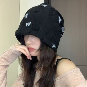 NOVELLEO Thickened Butterfly Print Beanies Holes Coldproof Plush Pullover Hat Harajuku Hip Hop Fleece Beanies Female