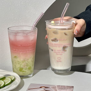 Cute Glass Cup With Straw And Lid Letter Tumbler 450ml Iced Coffee Juice Tea Glass Drinking Cups Transparent Bubble Tea Cup Gift2026