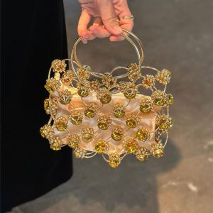 French niche high-end hollow diamond shiny flower metal ring hand-woven beaded bag crossbody bag for women